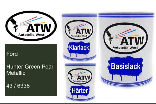 Ford, Hunter Green Pearl Metallic, 43 / 6338: 1L Lackdose + 1L Klarlack + 500ml Härter - Set, von ATW Autoteile West.
